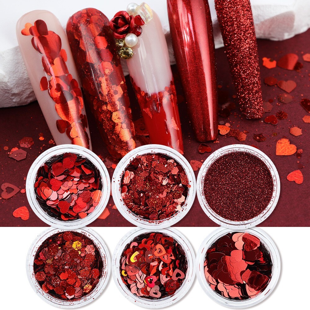 6 Pots Red Nail Art Powder Sequins Set for Valentine’s Day Glitter Flakes DIY De
