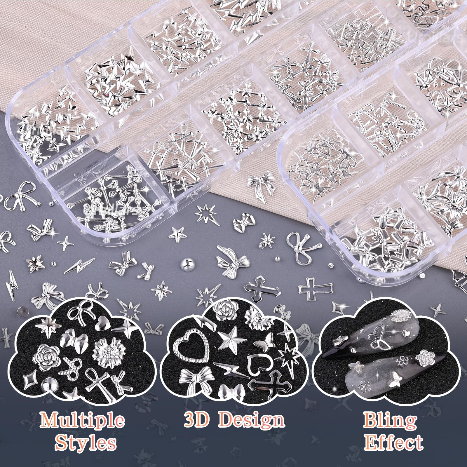 6 Boxes Silver Nail Charms with Nail Pearls, 3D Star Cross Nail Art Studs Met…