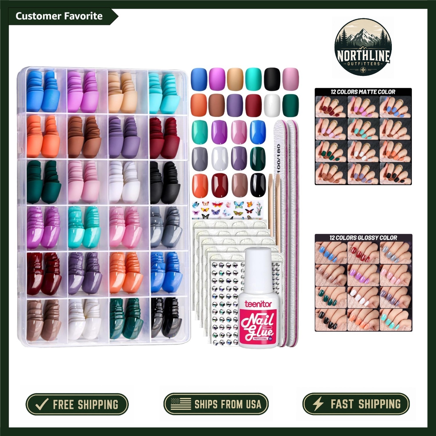 Short Press On Nails – 24 Packs of Matte & Glossy Styles with Adhesives & Tools