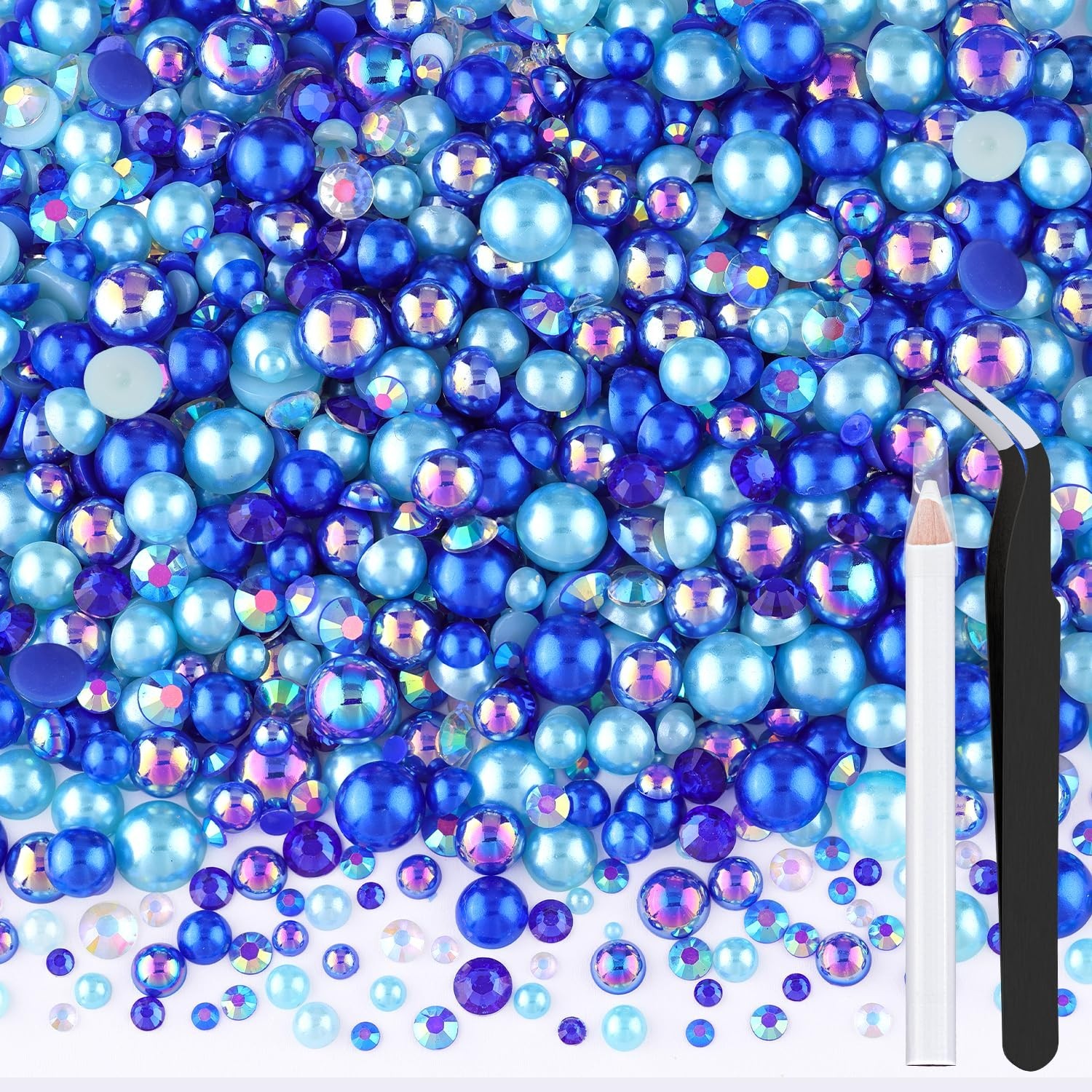 80g Flatback Pearls and Rhinestones for Crafting, Dark Blue Mixed Size 3-10mm
