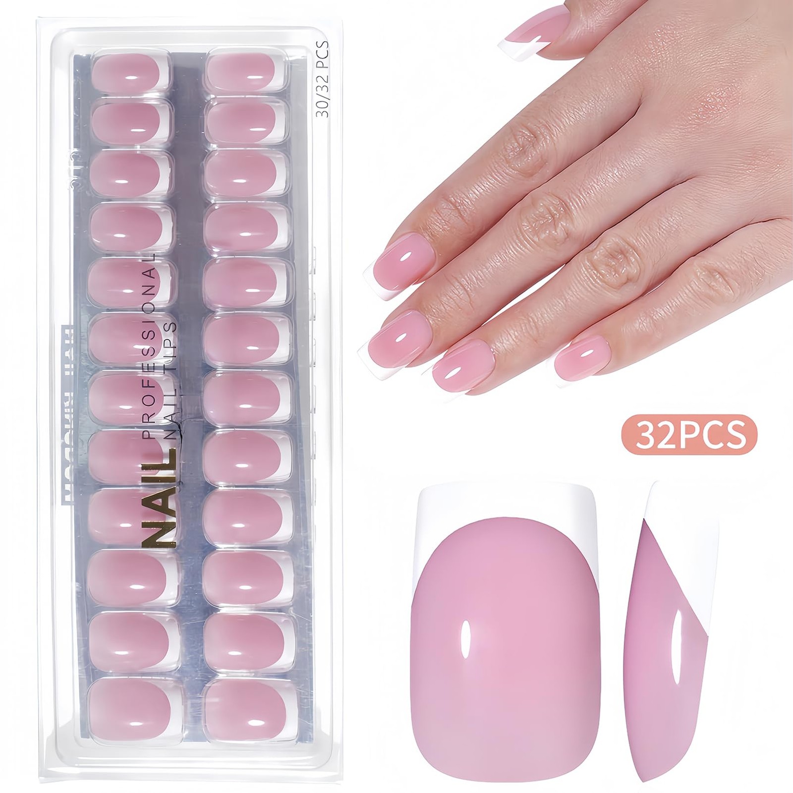 32Pcs Short Square Press On Nails Glossy Jelly Pink, Natural French Tip Fake …