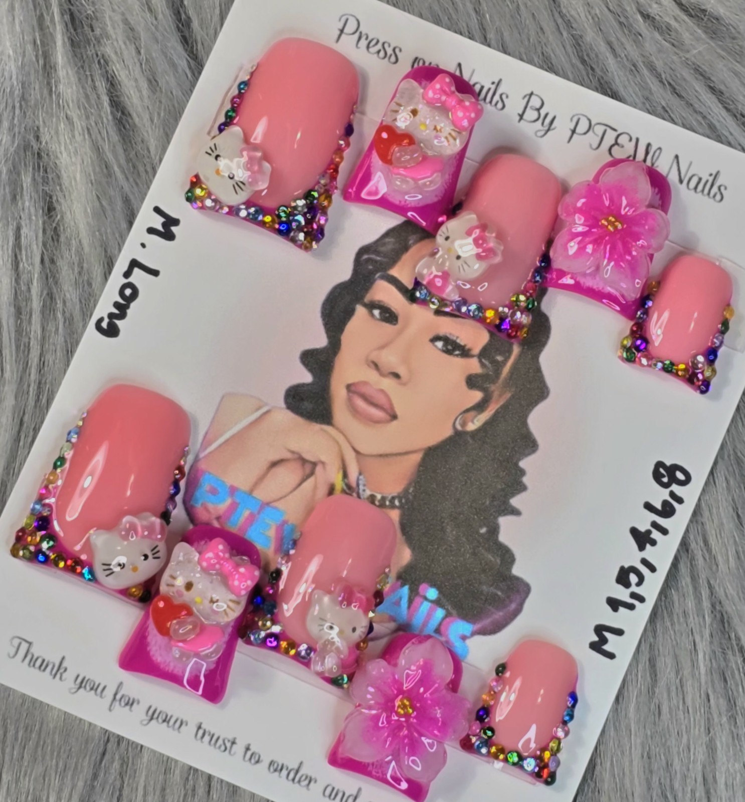 Handmade Press On Nails,LuxuryKitty Pink,Medium Size 1,5,4,6,8 M.Long Duck Shape