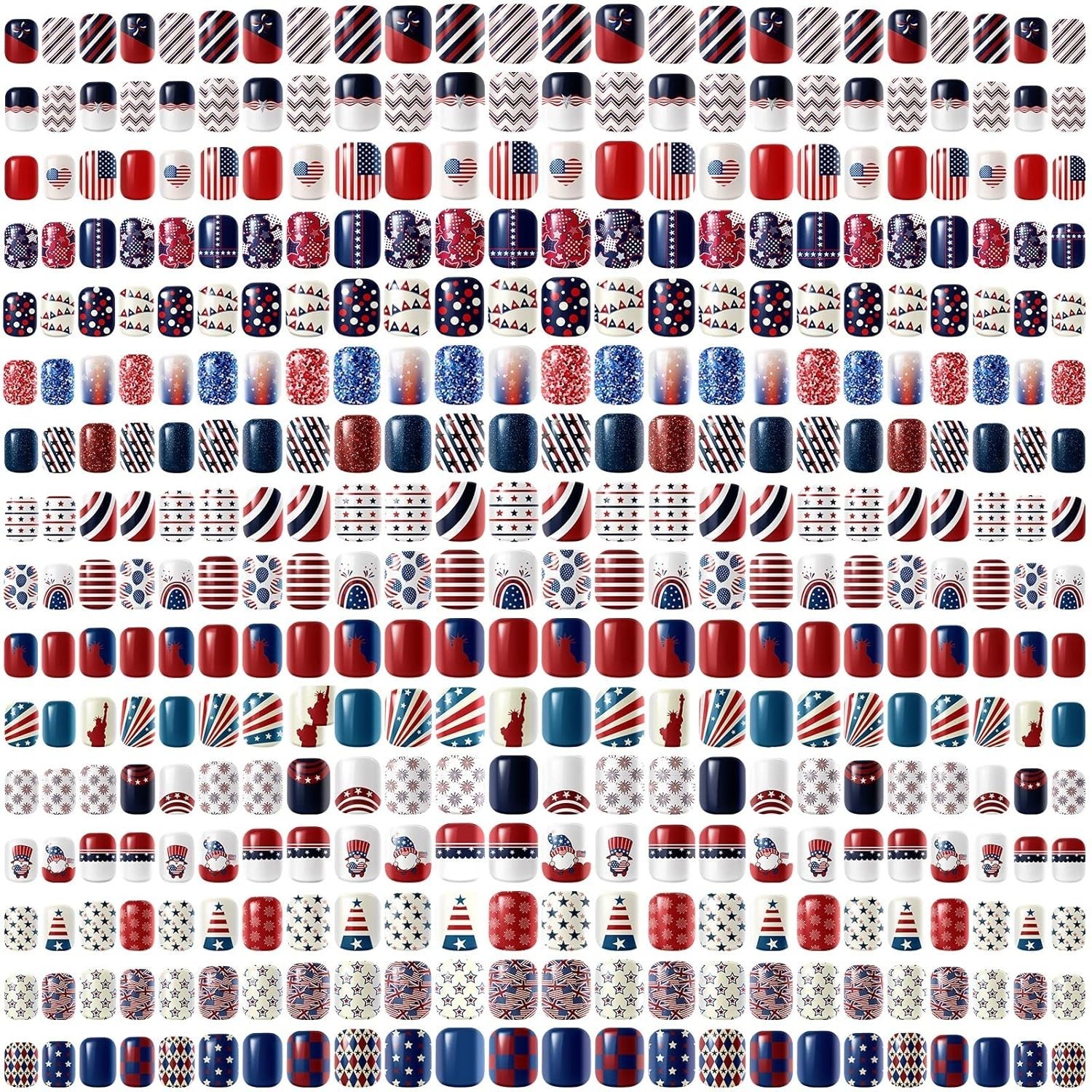 16 Pack 4th of July Press on Nails – Patriotic Retro Flag Pattern 384 Pieces