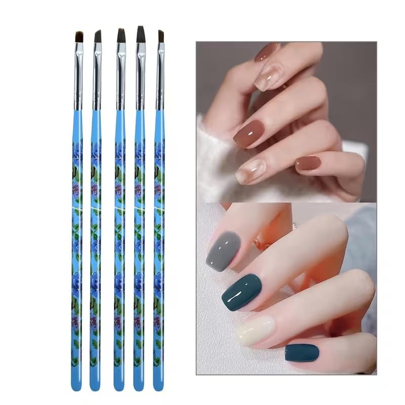 5Pcs UV Gel Nail Brush Set, Floral Handle Flat & Angled Nail Art Brushes, Blue