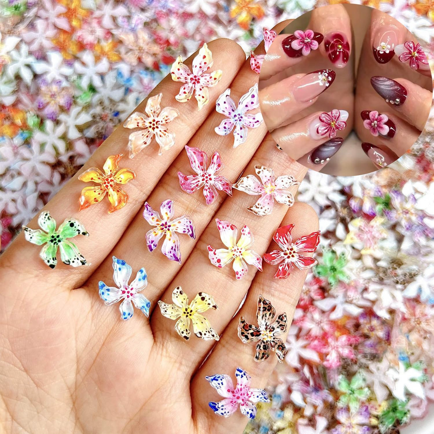 50Pcs 3D Flowers Nail Charm for Nails Flower Resin Nail Rhinestones Spring Hibis