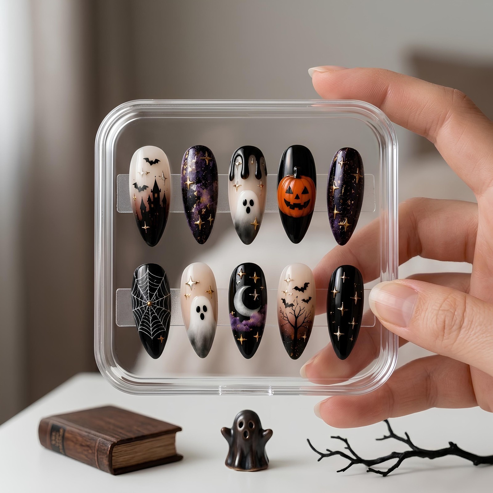 Custom Handmade Galaxy Halloween Ghost Pumpkin Castle Stiletto Press on Nails