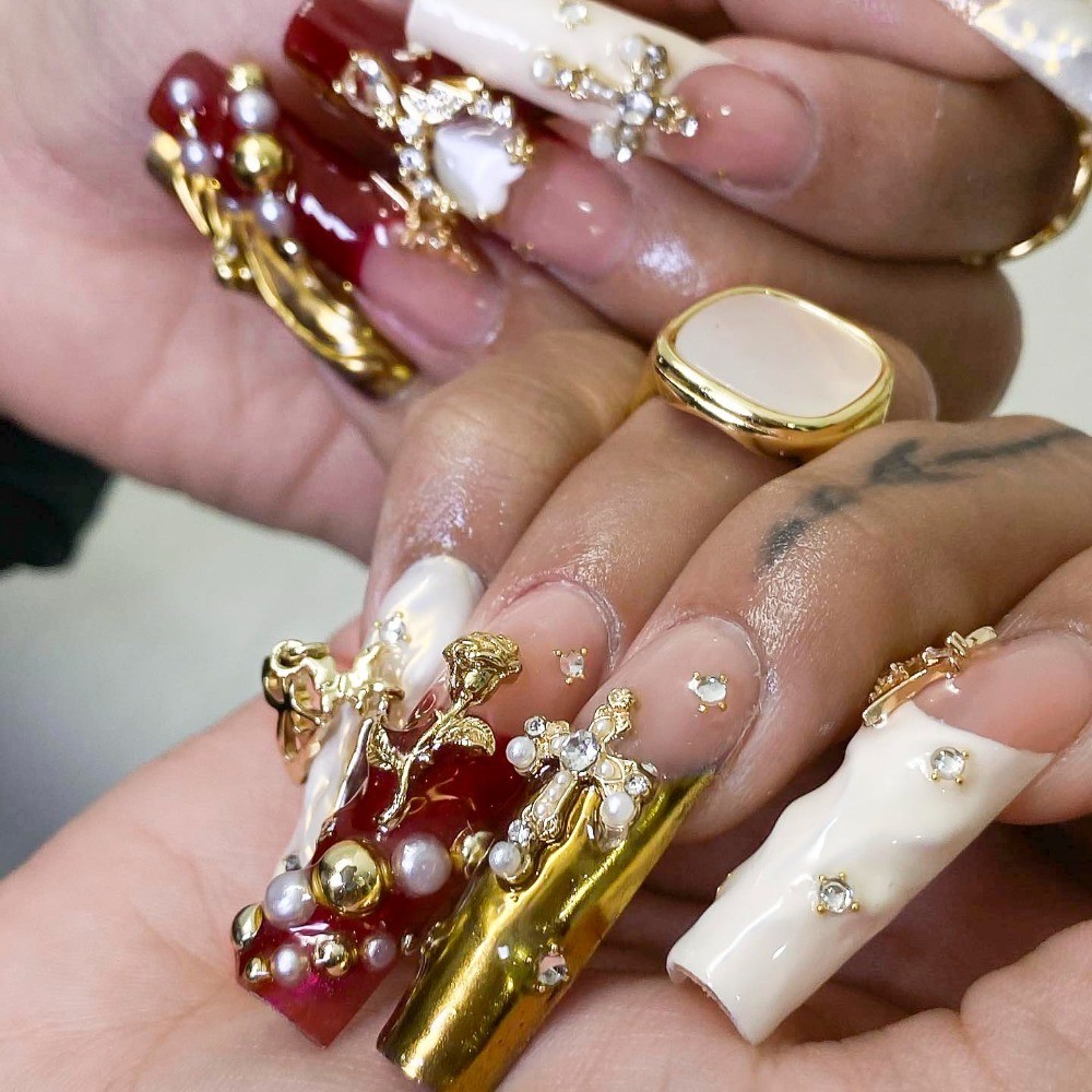 128PCS Gold Nail Charms Set with Rhinestones Gems Rose Hearts Cross and Virgin