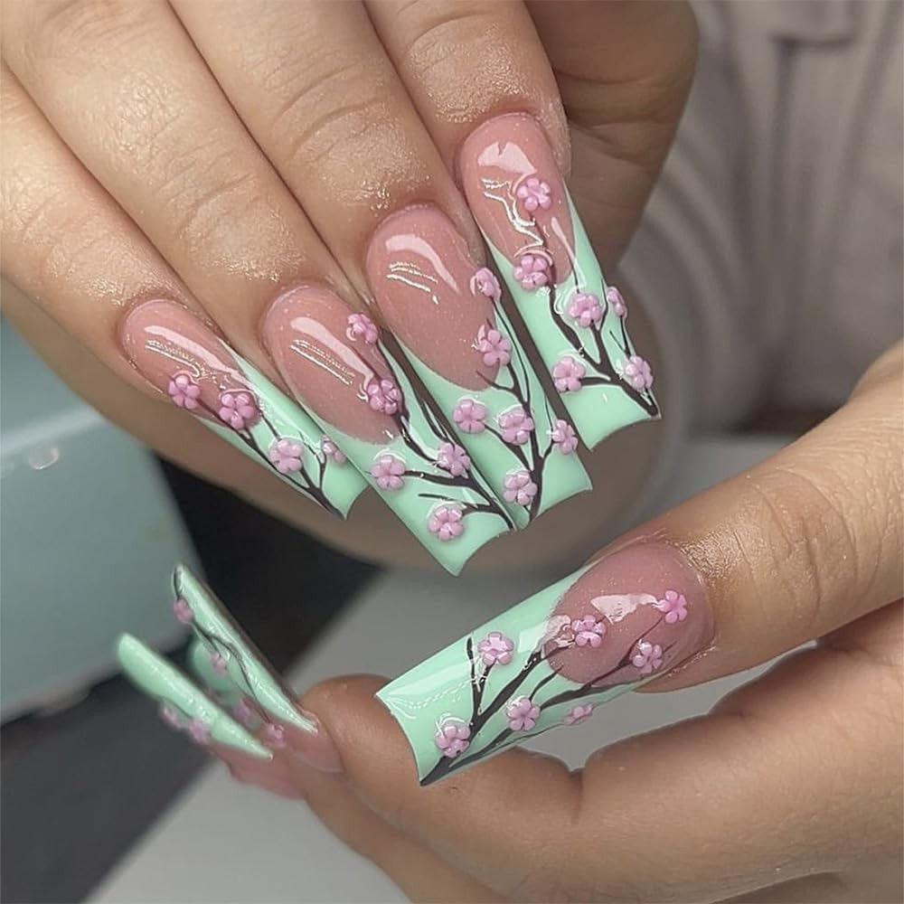 French Tip Press on Nails Blue Square Long Fake Nails