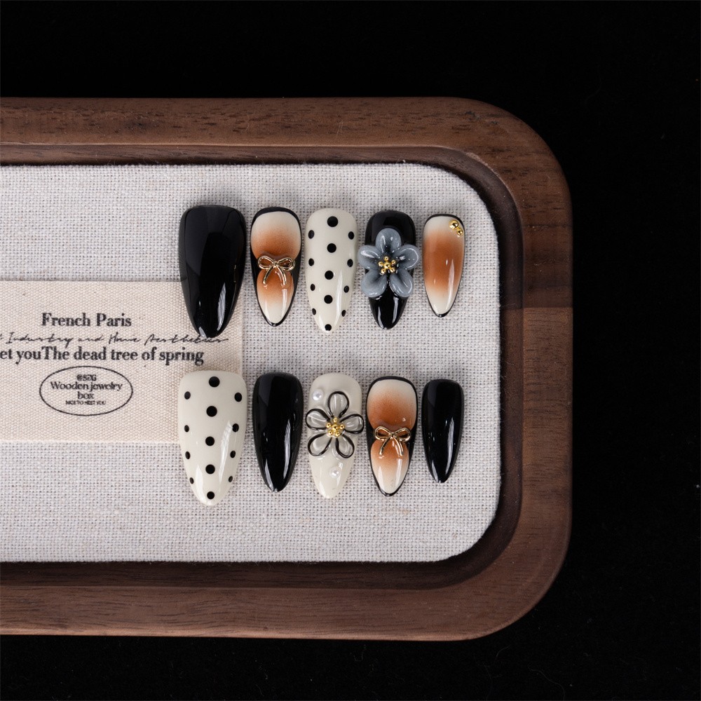 10pcs Black White Brown Almond Nails 3D Polka Dot Flower Unique Design
