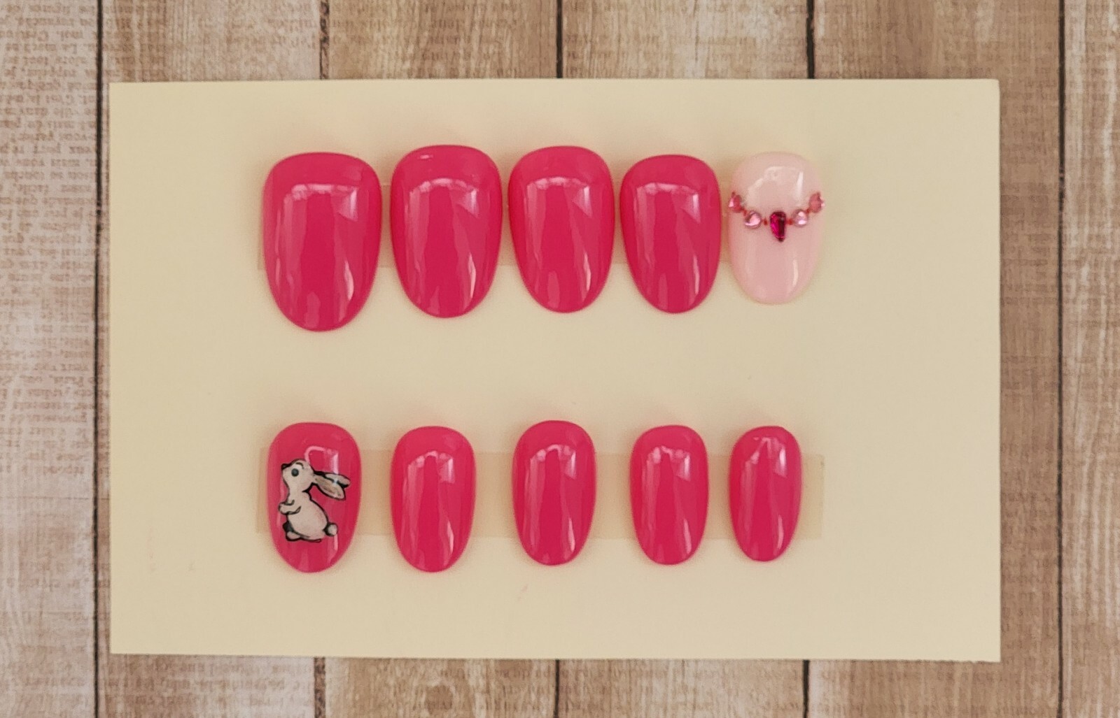 Custom Press On Handmade Gel Nails Pink Jewel Bunny Accents Oval Short 20 Tips