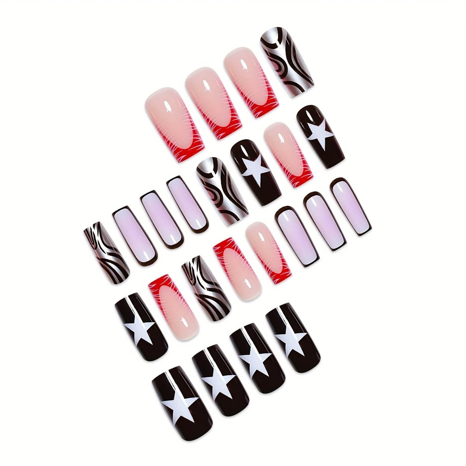Y2K Black White Star Red Flame Duckbill Long Coffin Press On Nails