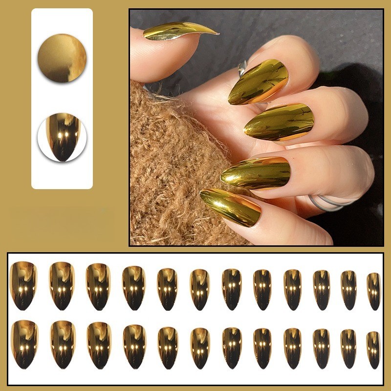 48Pcs-Metallic Gold Chrome Press on Nails Glossy Long Almond Nail Art Set