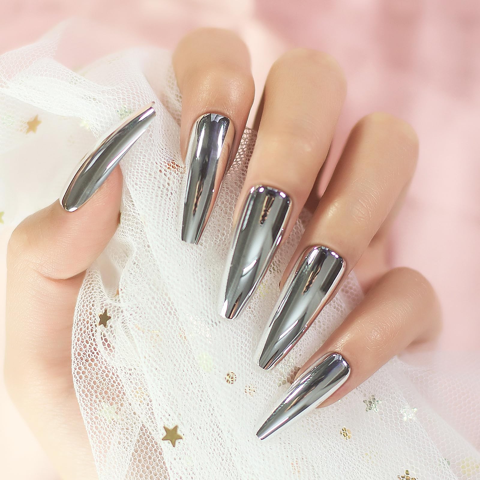iMABC Silver Punk Metallic Press On False Nails Long 26 Piece Set,