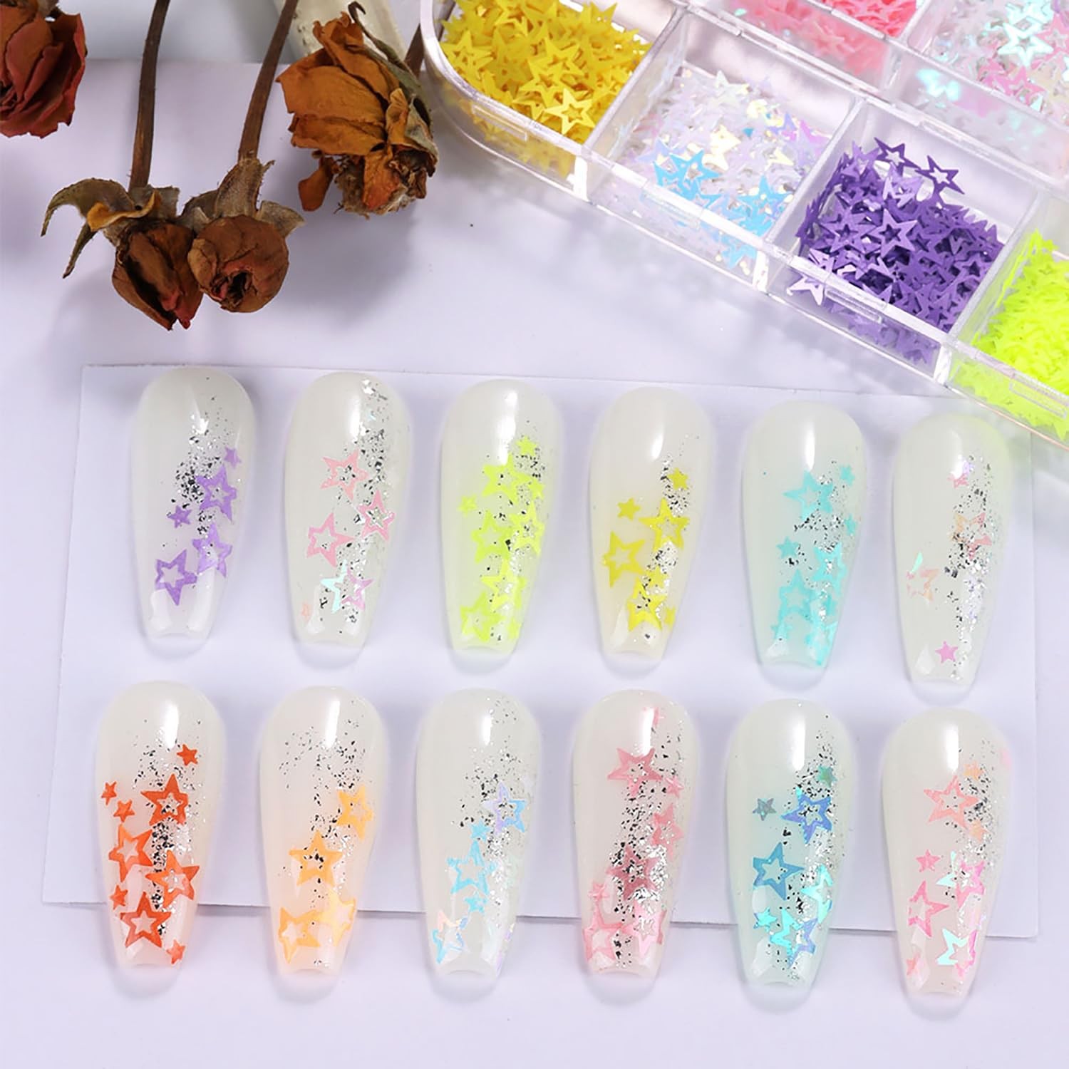 Hollow Stars Nail Art Sequins, 3D Colorful Hollow Five-Pointed Star Nail Glit…