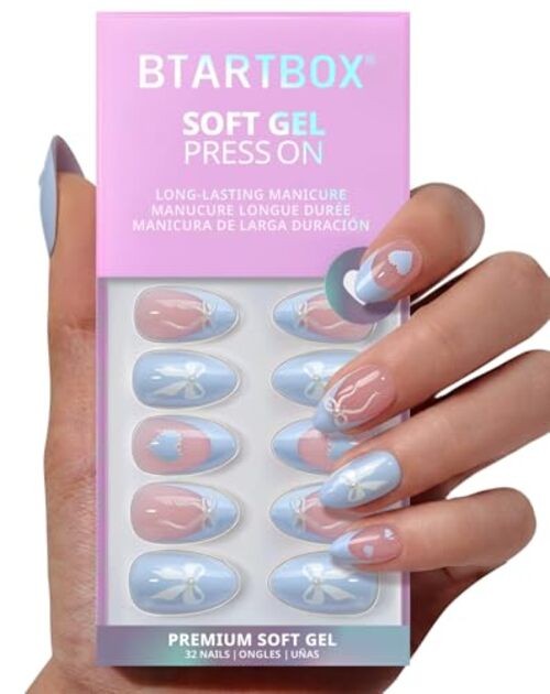 Blue Bow Almond Sweet Hour Press on Nails – Easy-to-Apply
