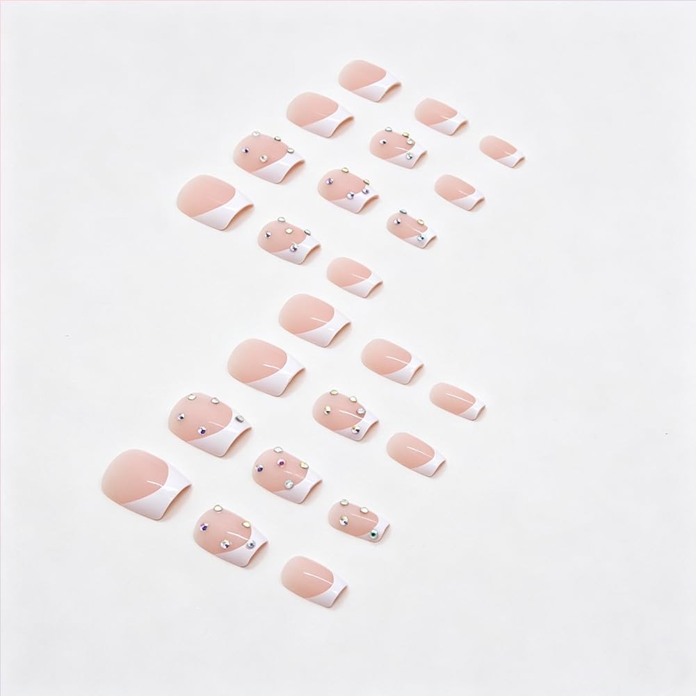 24Pcs Short Square Press On Nails – Bare Reusable Acrylic French Tip Fake Nai…