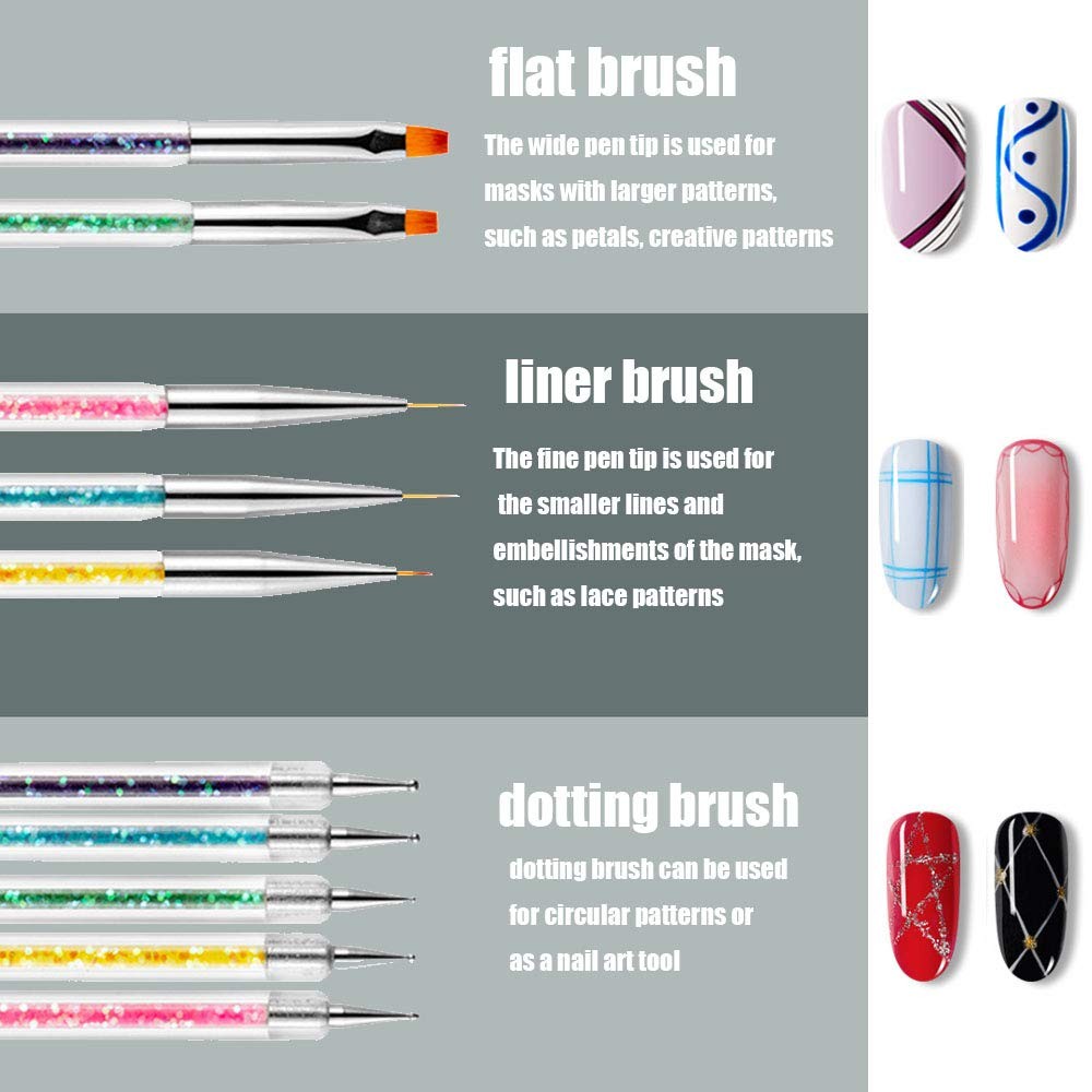 iFwevs Nail Art Brushes,5pcs Double Ended Brush & Dotting Tool Kit,Including Nai