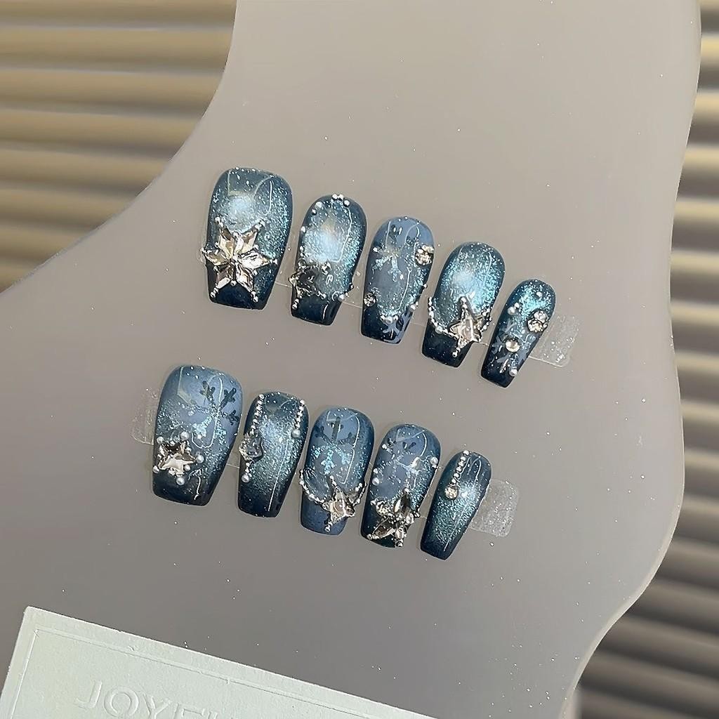 Handmade Fake Nail Blue Cat Eye 3D Diamond Snowflake Medium Coffin Press On Nail