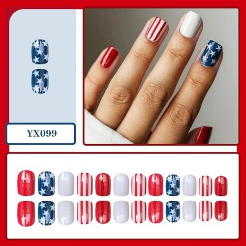 4th of July Press On Nails – Short Square Fake Nails – Patriotic Indep Nails – 7