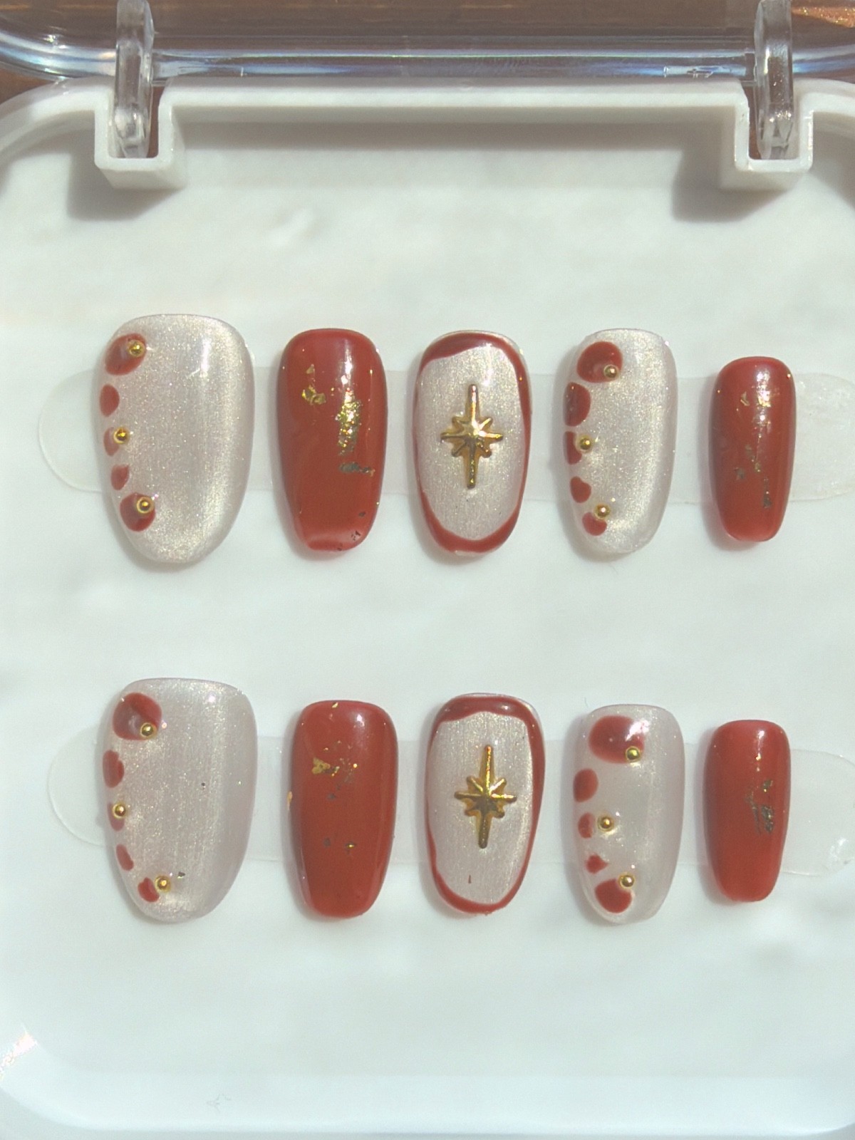 Handmade Caramel and White Colored Press on Nails with Gold Star Size XS Short