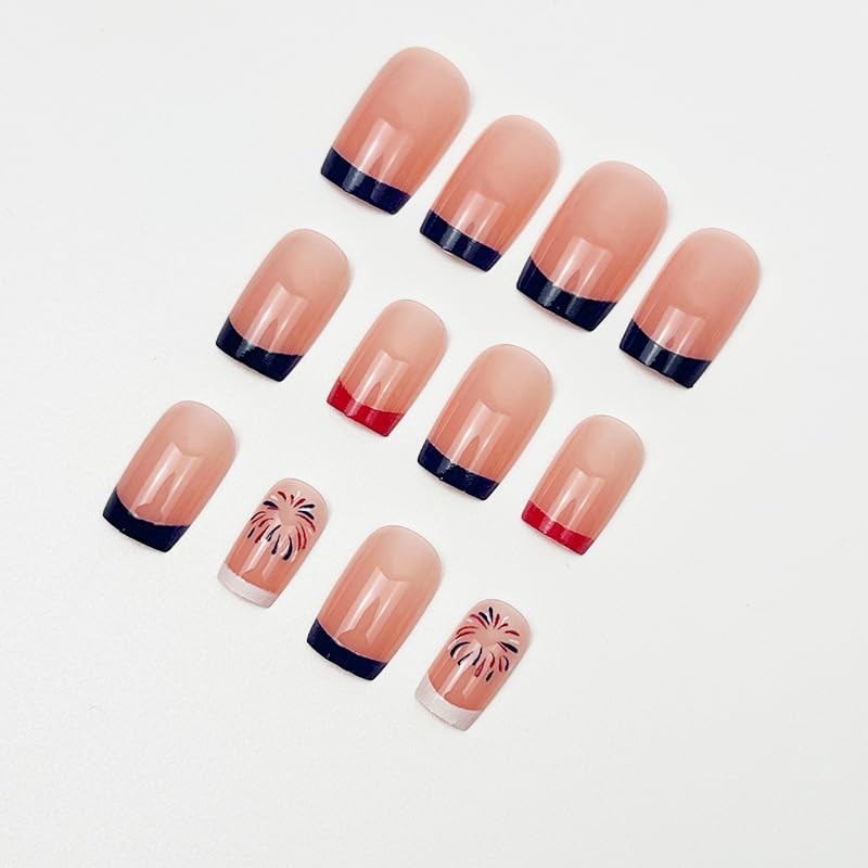 4th of July French Fireworks Press on Nails Short Square Multicolor