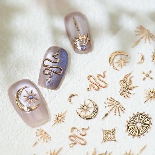 Bohemian Nail Stickers | Moon Star Snake Sticker for Nail Art | Gold Silver 5D