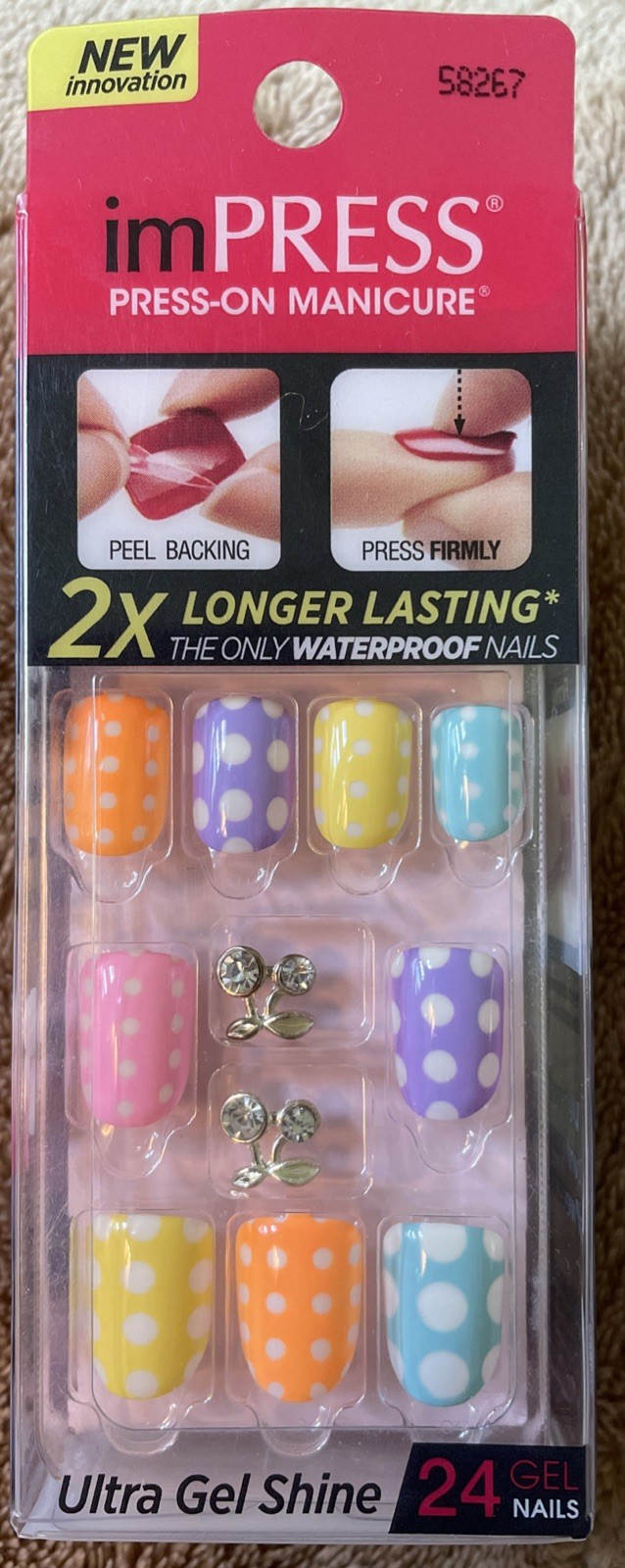 IMPRESS PRESS-ON SHORT Gel Nails – 24 Polka Dot Pink orange Yellow Blue Purple