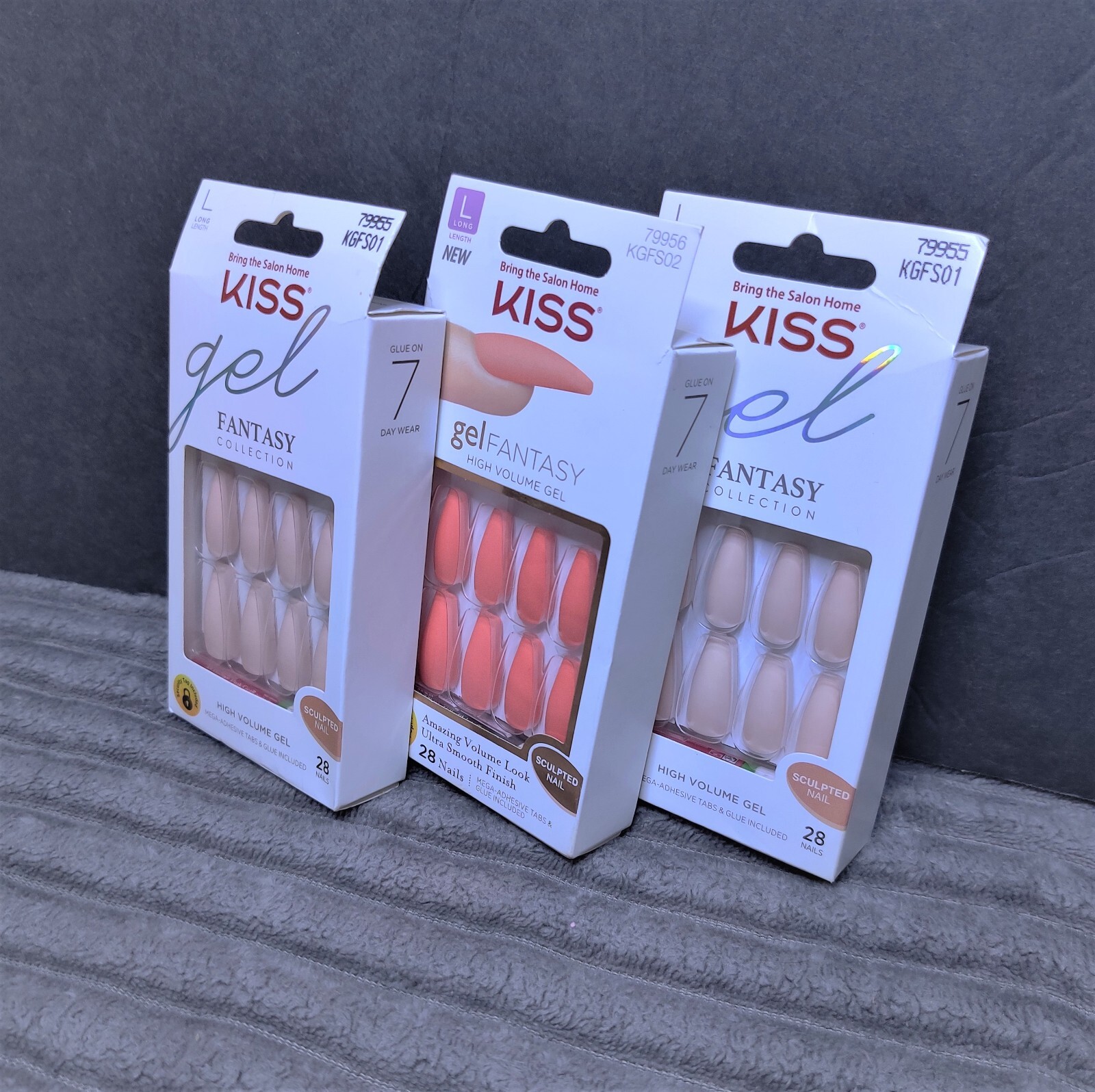 KISS GEL FANTASY 3 PACKS SCULPTED NAILS LONG PALE NUDE AND CORAL PINK NEW
