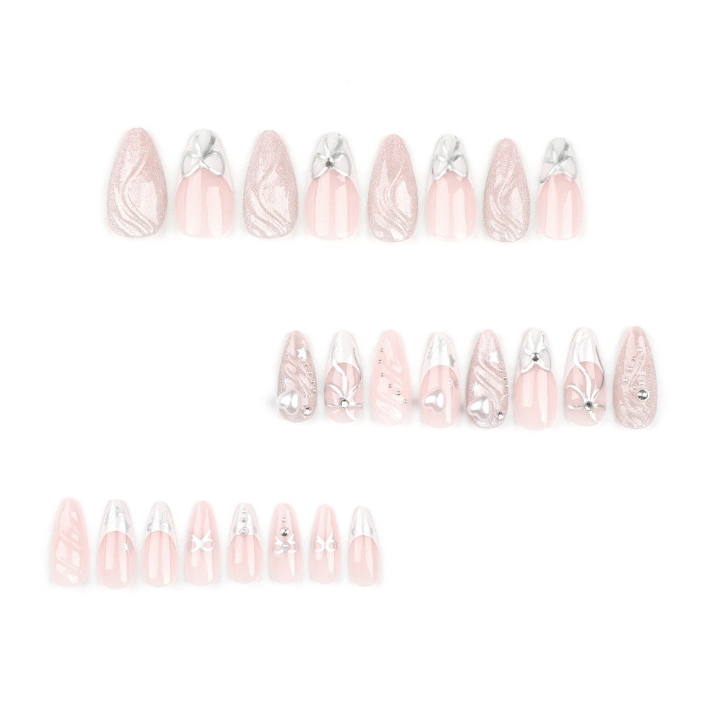 3D Press On Nails Self Adhesive Almond Shape with Heart Bow French Tip Design