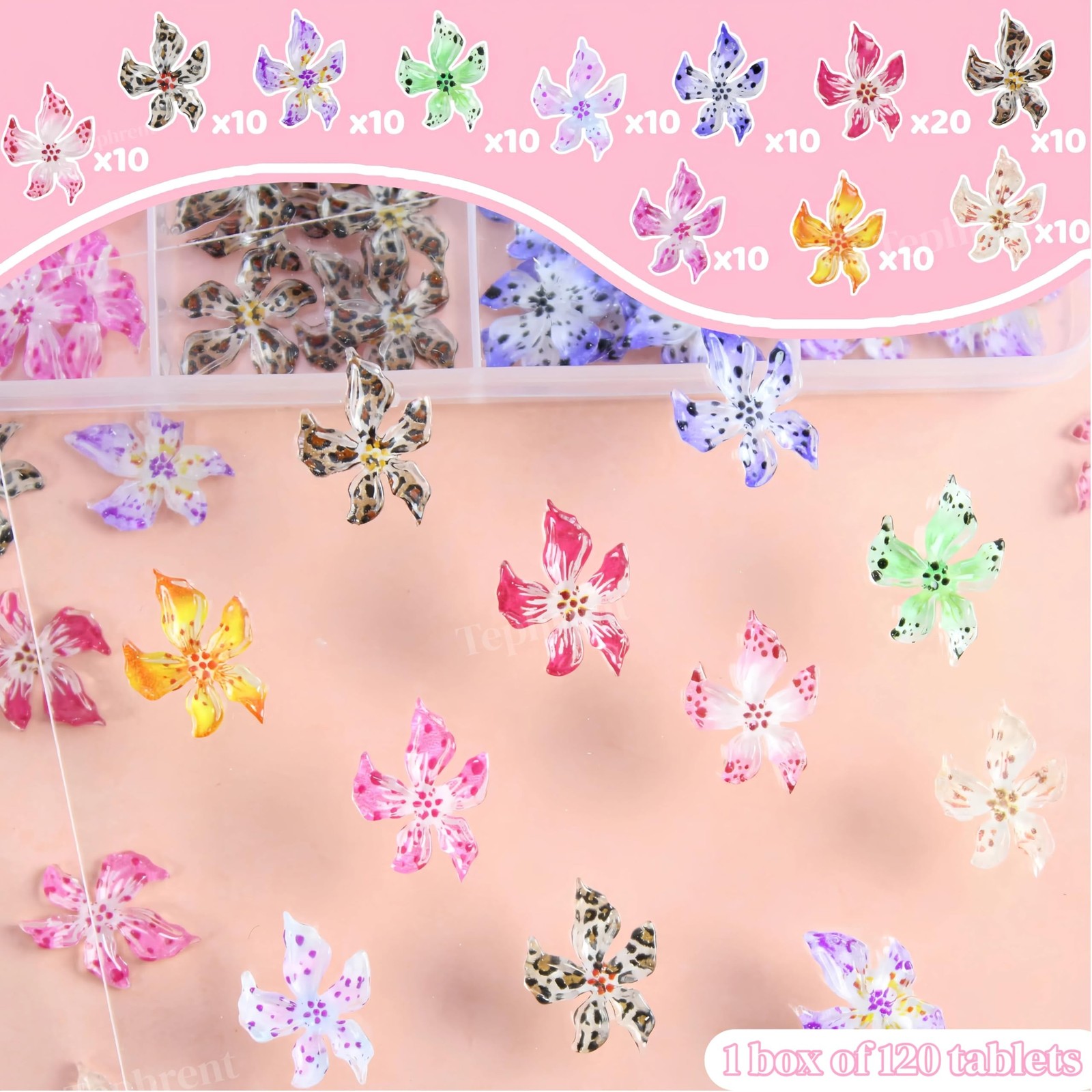 120Pcs 12 Grids Flower Nail Art Charms Cute Hawaii Flower Nail Rhinestones Co…