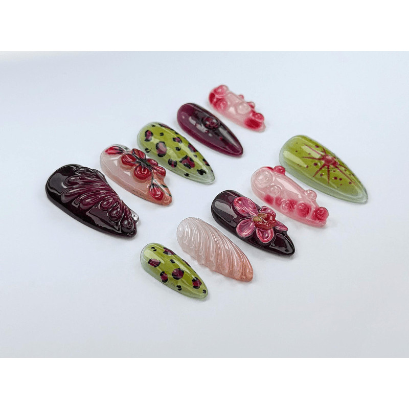 Wine Red Handmade Press on Nails Leopard Print 3D Rose Shell Vintage Fake Nails