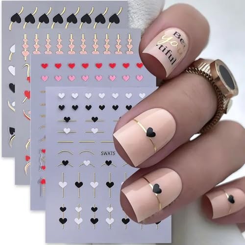 4Pcs Valentine’s Day Nail Art Stickers – Hearts Nail Decals – Glossy Metallic A6