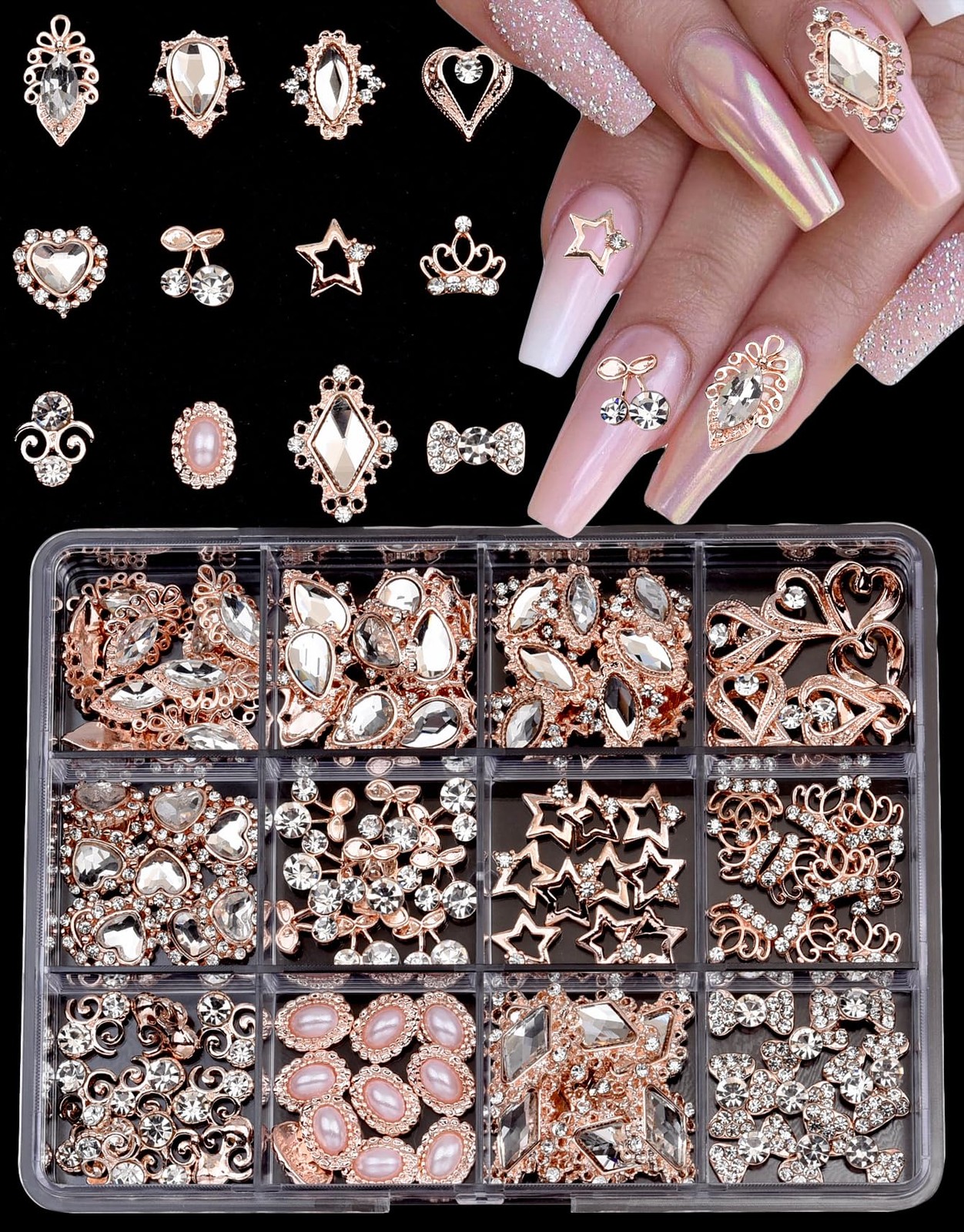 120pcs 12 Styles Black Metal Nail Charms Nail Bows Crushed Rabbit 3D Heart Ro…