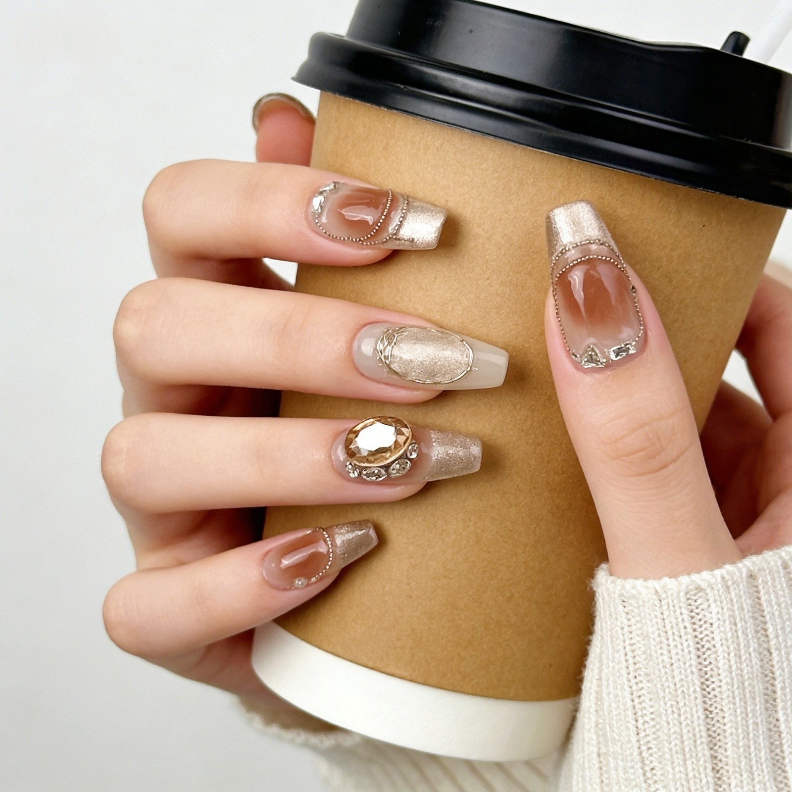 Marble Brown Cat Eye Amber Press On Nails, 3D Gold Luxury Handmade Nail Set