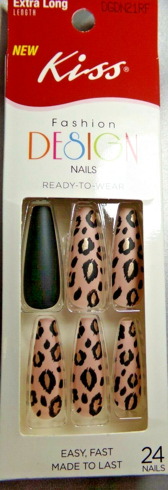 KISS NAILS GLUE ON EXTRA LONG- Matte Black with Leopard Accents Sculpted
