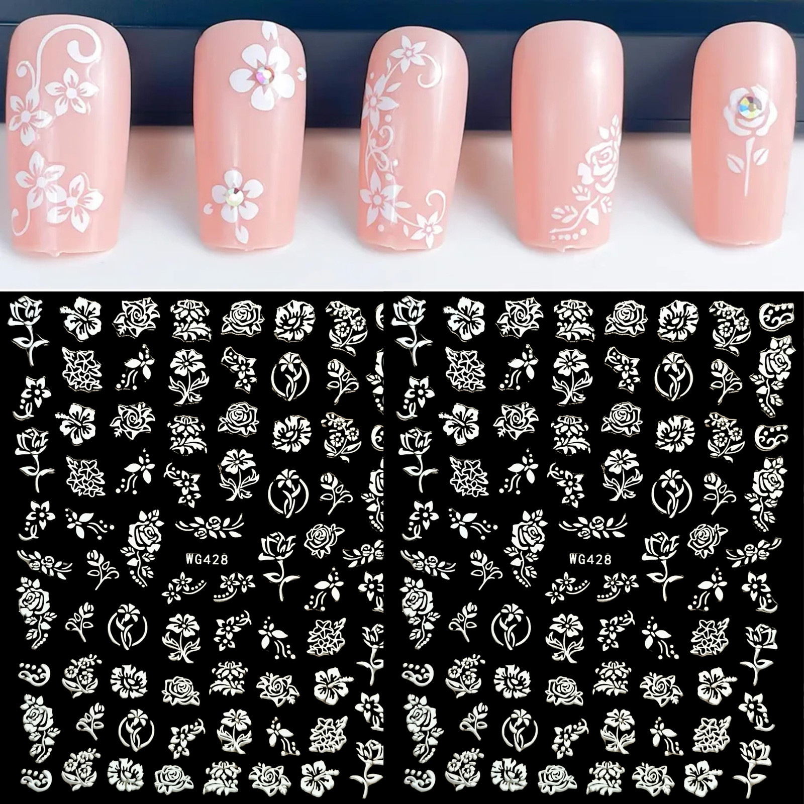 3D White Flower Nail Art Stickers – Embossed Floral Rose Decals – Self-Adhesive