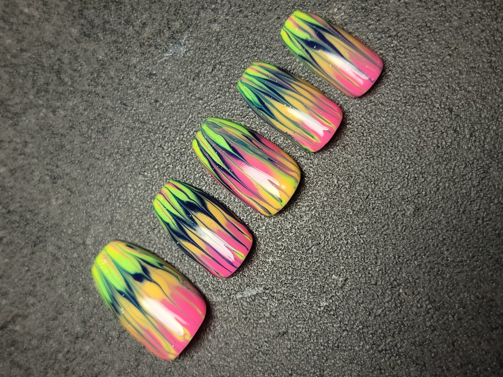 Custom Gel Press on Nails fake nails Handmade 10 pc set LARGE Neon Rainbow