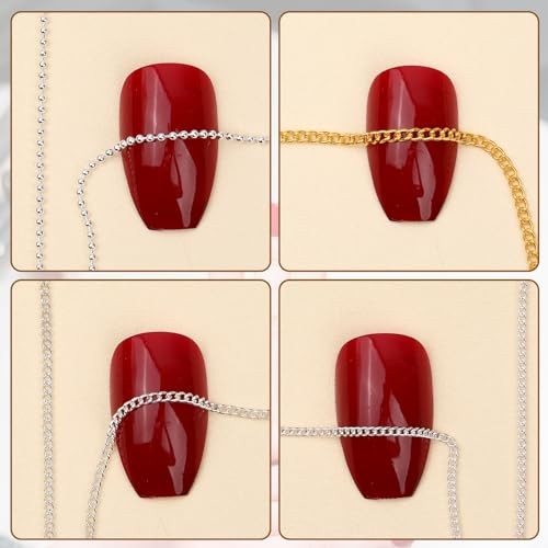Hariendny 12 Strips Nail Chain Charms, Metal Nail Art Chains, 3D Gold Silver