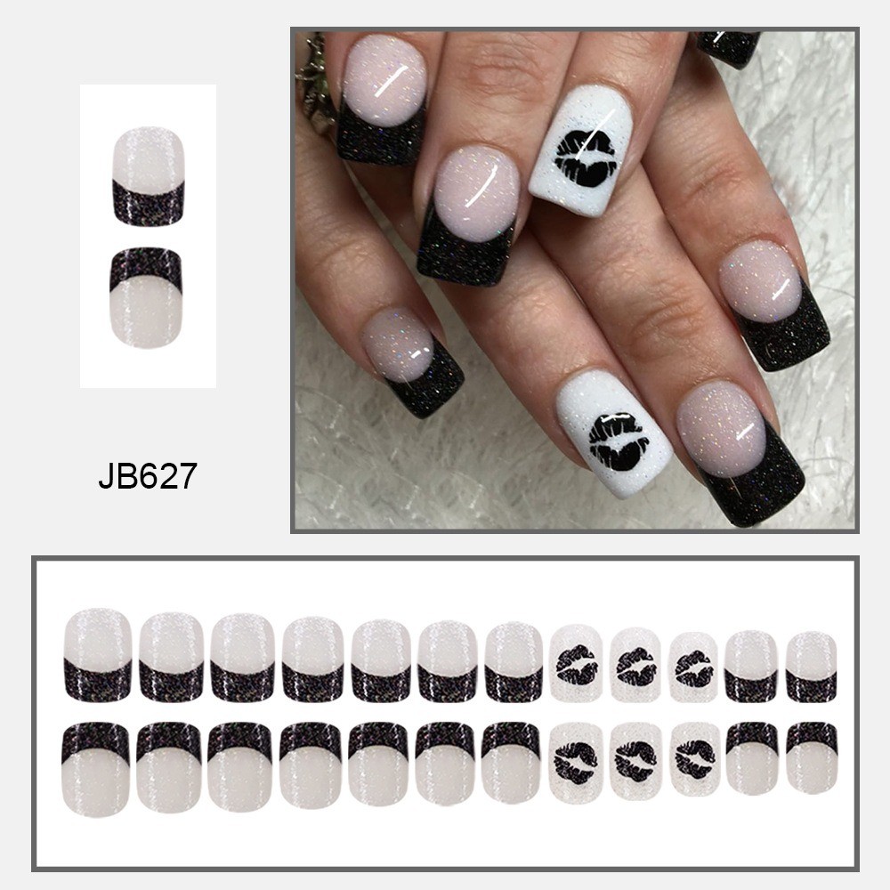 24pcs-Black Glitter French Press on Nails, Short Square Kiss Lips Fake Nails