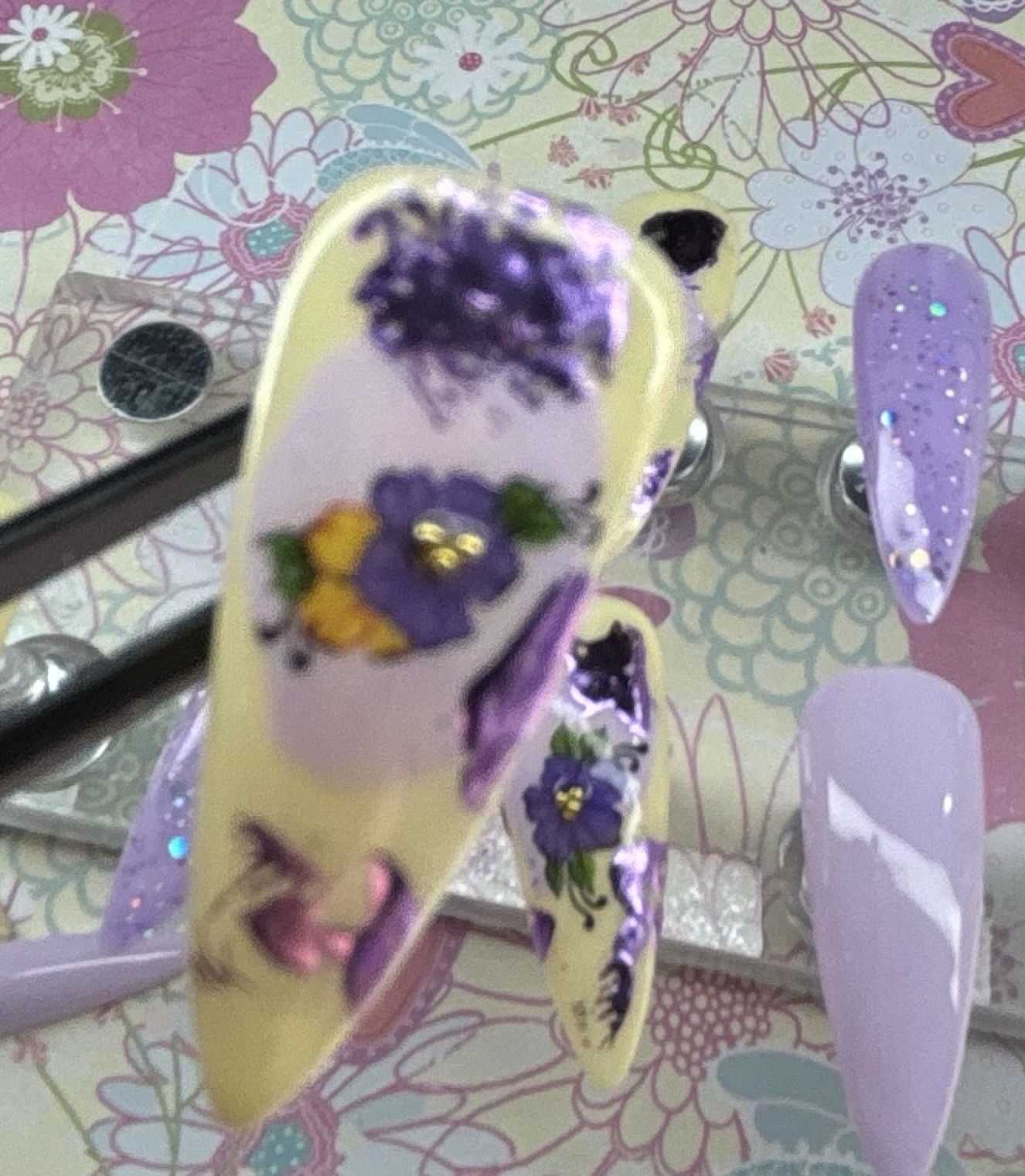 20 piece set handmade press on nails. Yellow purple floral med/short Stiletto