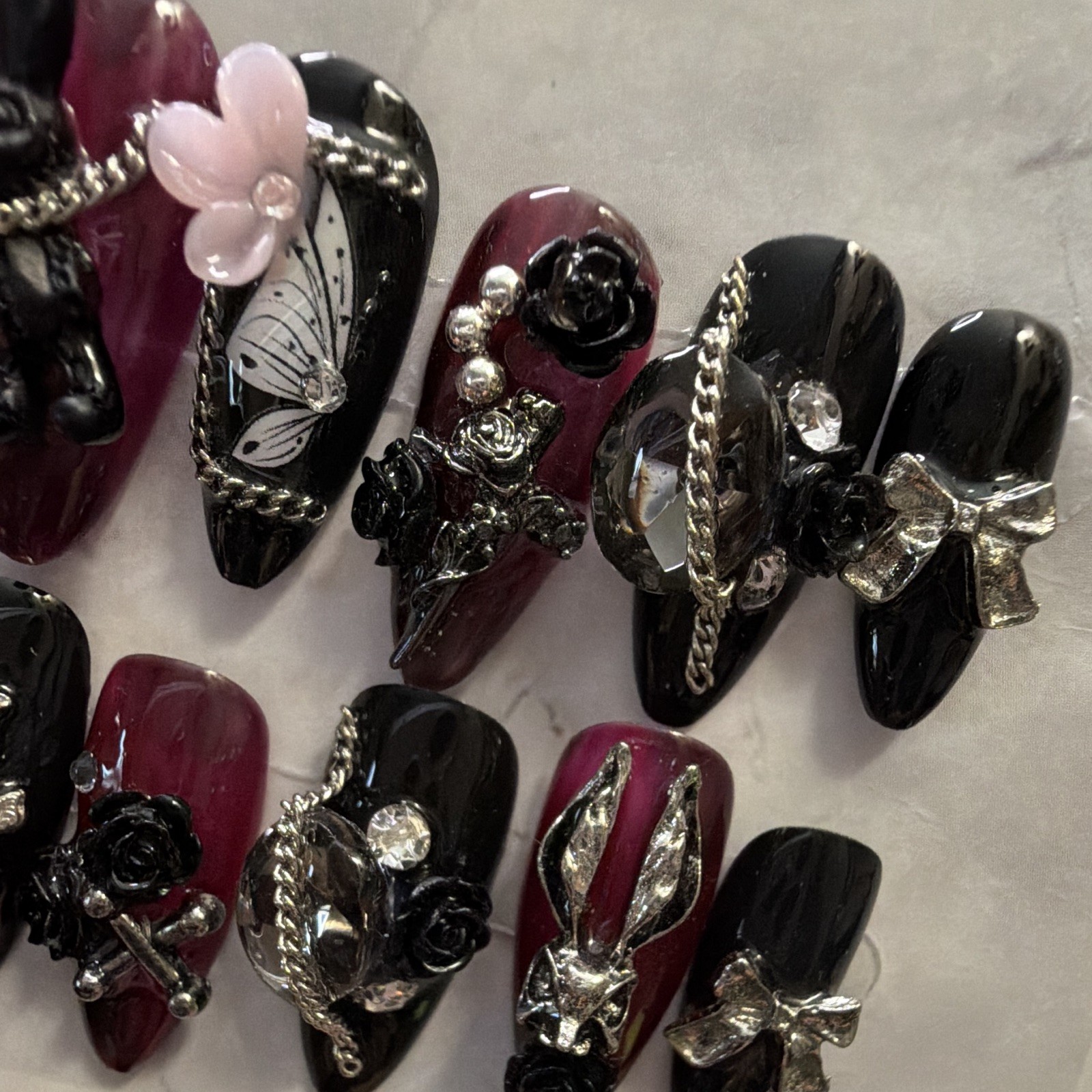 3D Butterfly Coffin Press-On Nails Long Full Cover Black Burgundy Pre-Designed