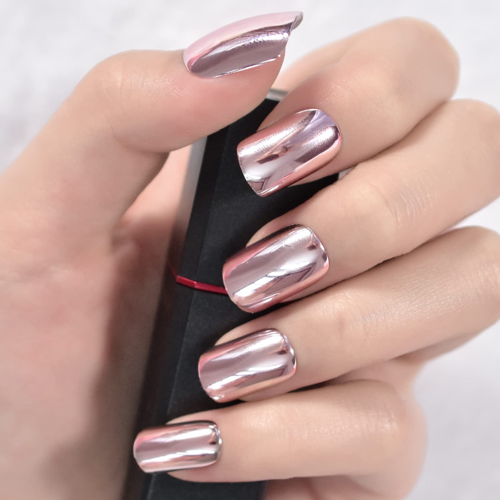 Metallic Mirror Press On Nails Light Pink False Nails Squoval Medium Lenght N…