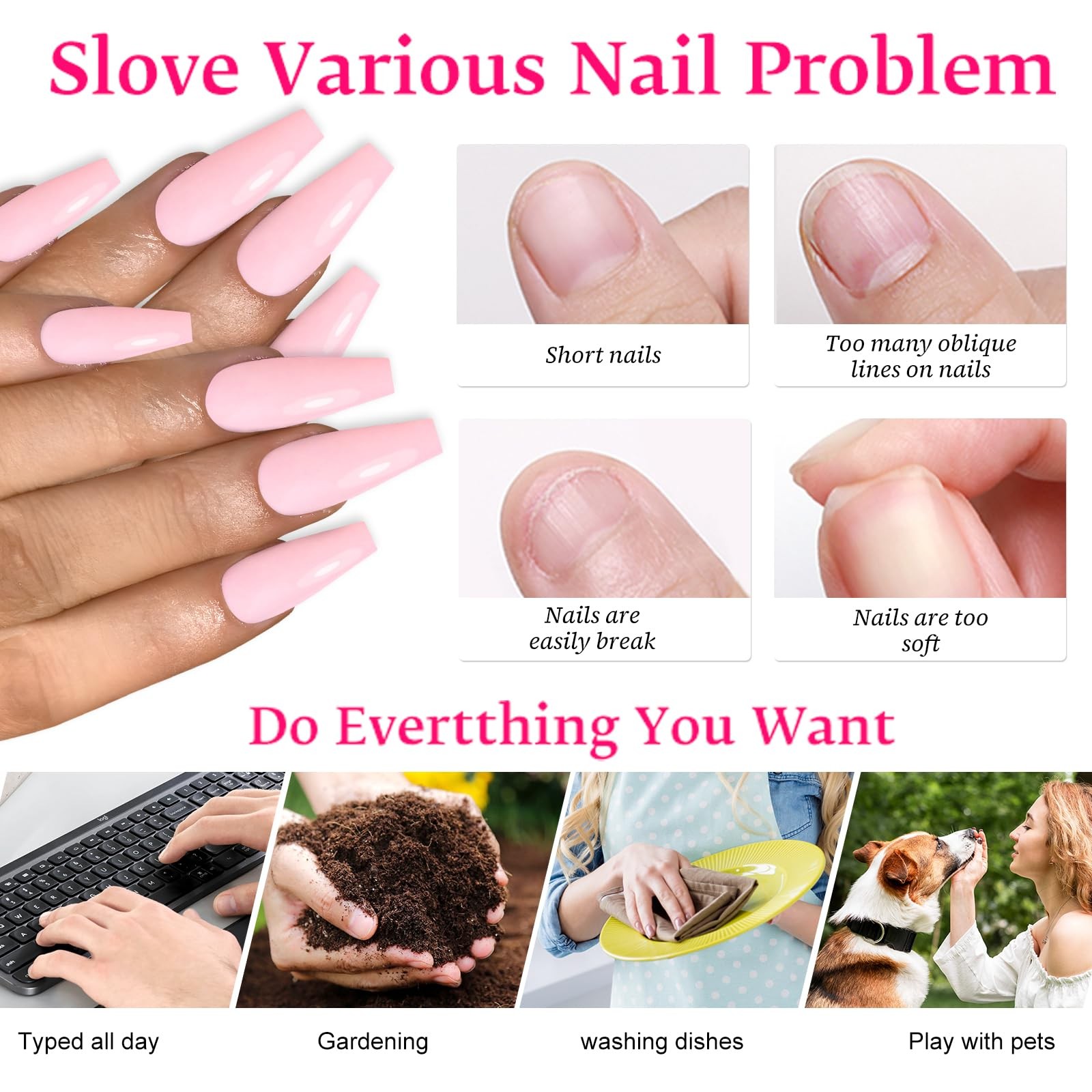 120PC Pink Coffin Press on Nails Long Fake Nails Press ons with Glue Nail Adh…