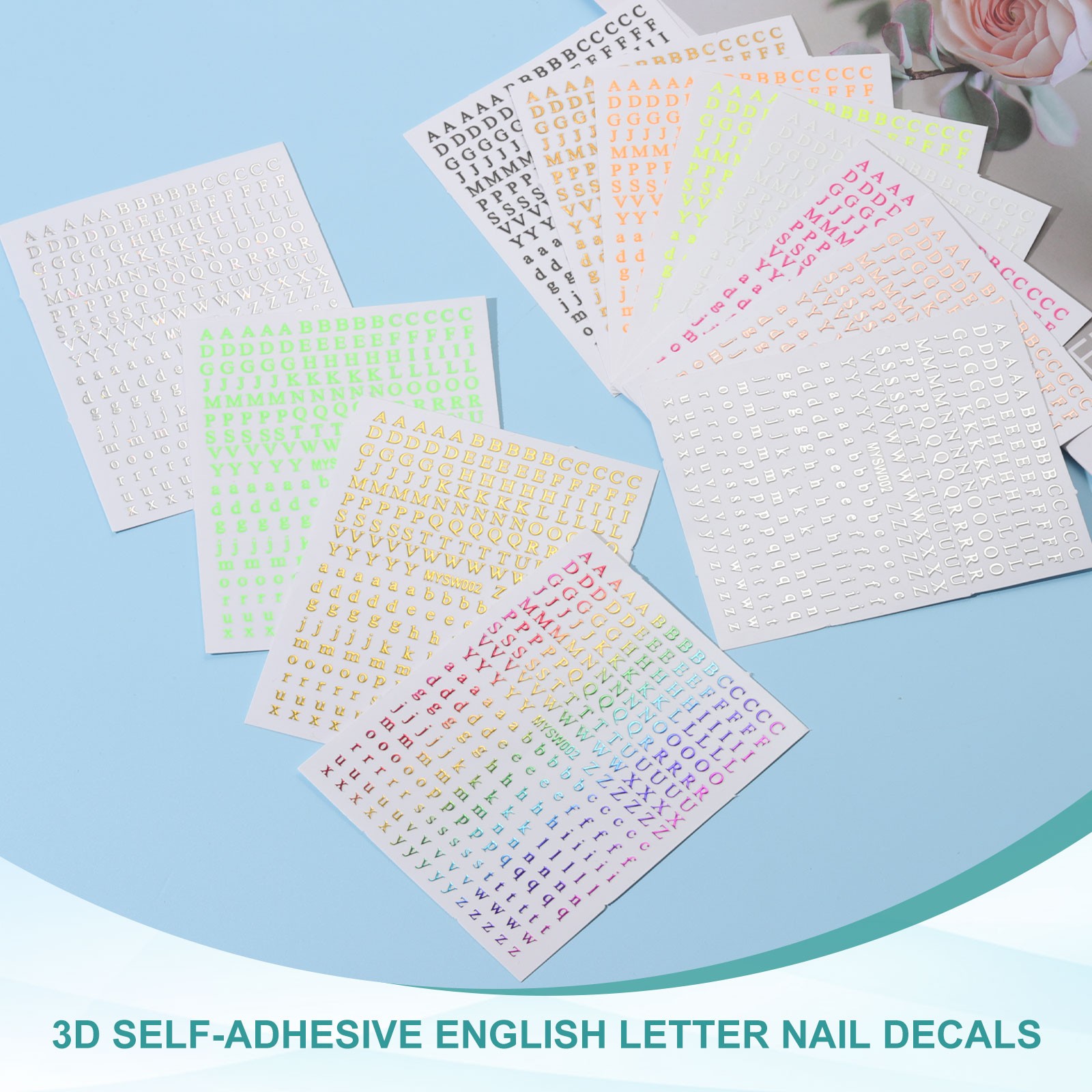 Letter Nail Stickers 8 Sheet 3D English Letter Nail Decal Fluorescent Orange