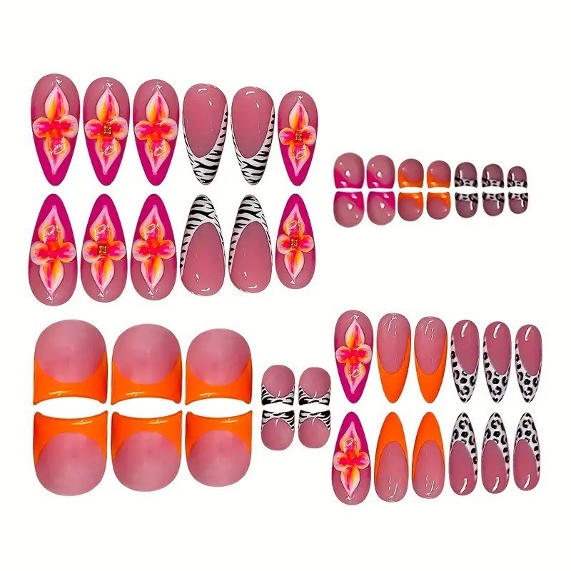 Press on Nail， Orange Pink Contrast Zebra Pattern, Long Fake Nail, 48 Piece Set