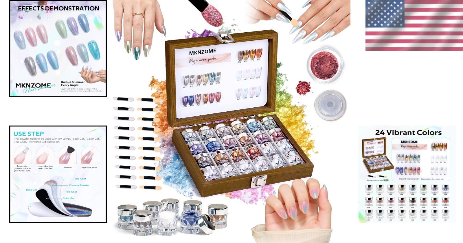 Home Nail Art Decoration Set – 24 Iridescent Chrome Powders