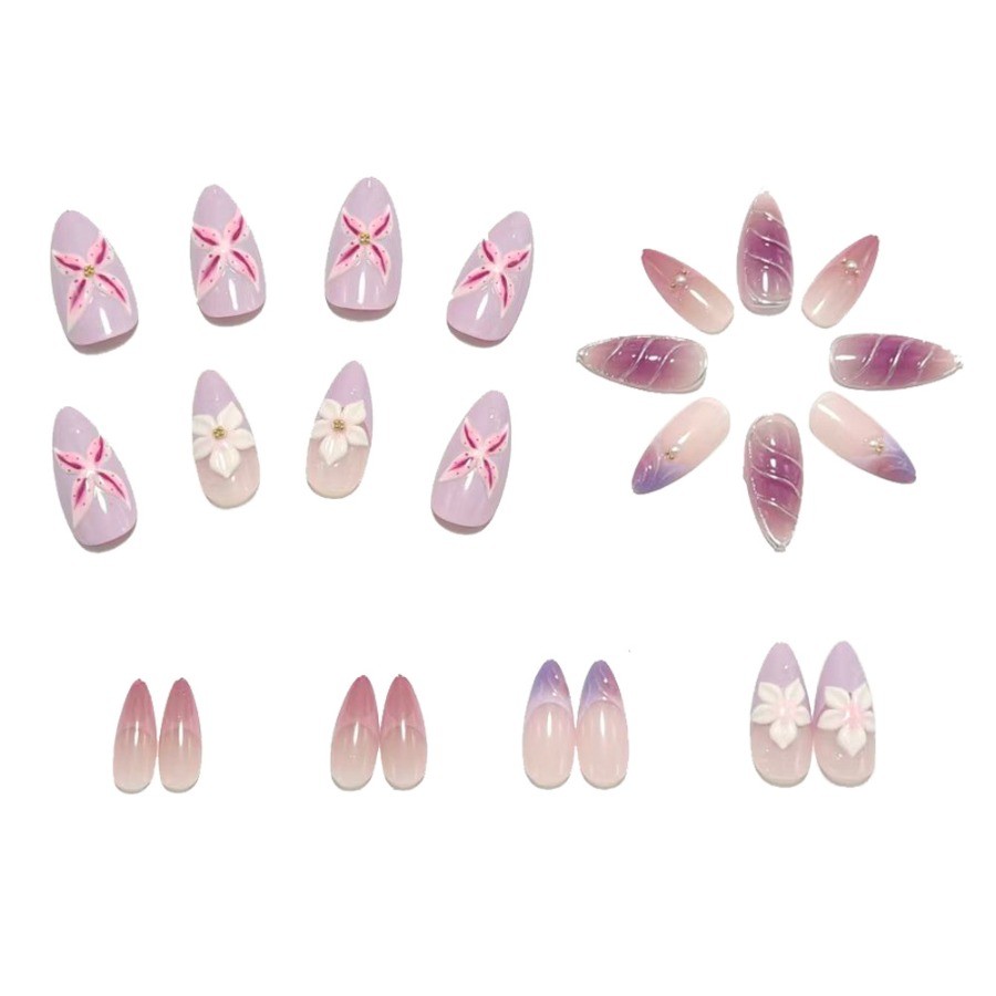48Pcs Purple Gradient Floral Line Press on Nails, Long Stiletto Shiny Fake Nails