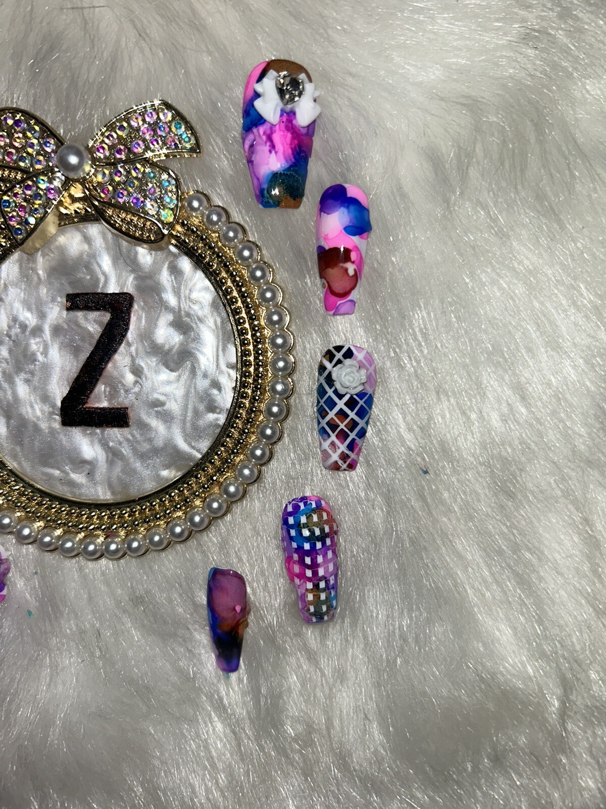 Z NAILZ! Handmade Tie Dye L Coffin W/White Stamps, Bows And Roses Press On Nails