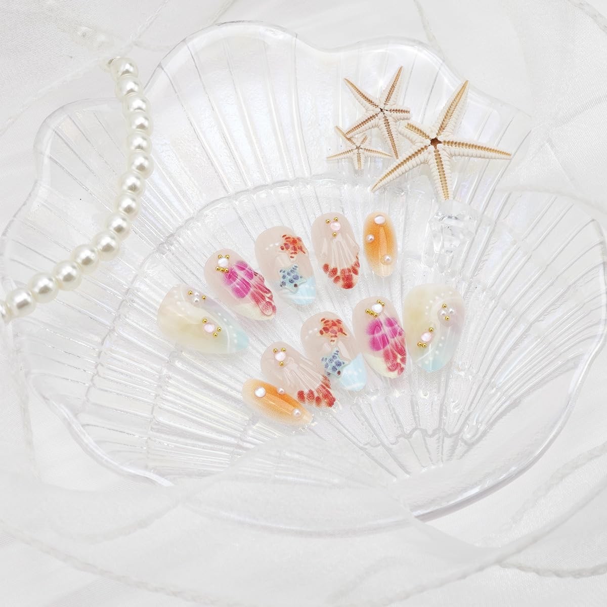 30Pcs Summer Beach Press on Nails Short Almond Fake Nails 3D Shell Starfish ＆…