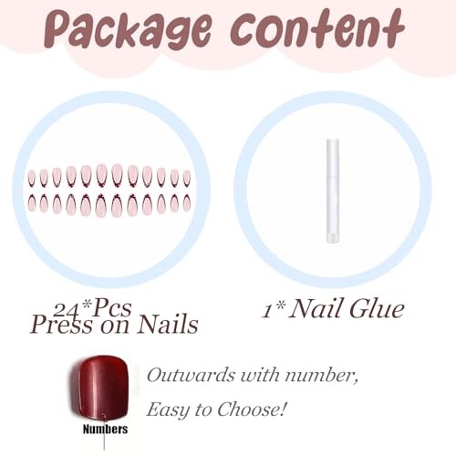 Press on Nails Medium Almond Fake Nails Burgundy Red Glue on French Tip BNY114